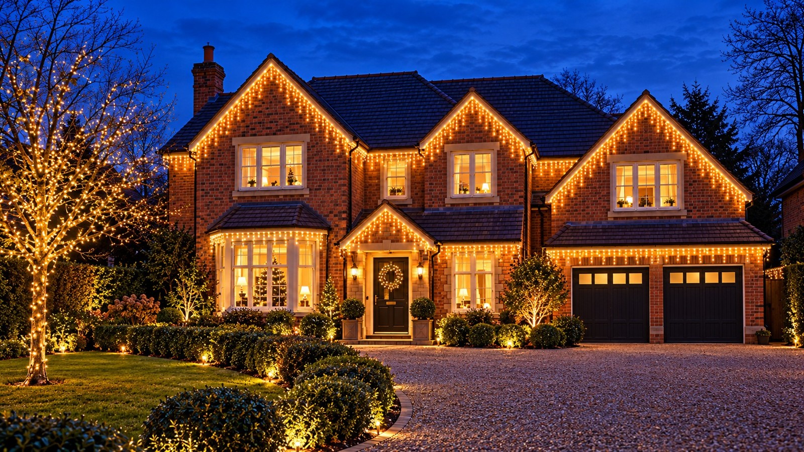 Illustrative house with a warm white Christmas lighting display